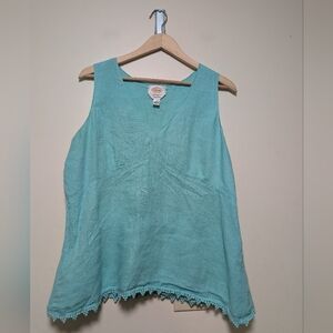 Talbots XL Teal Irish Linen Tank Pom Trim Sleeveless Summer Top